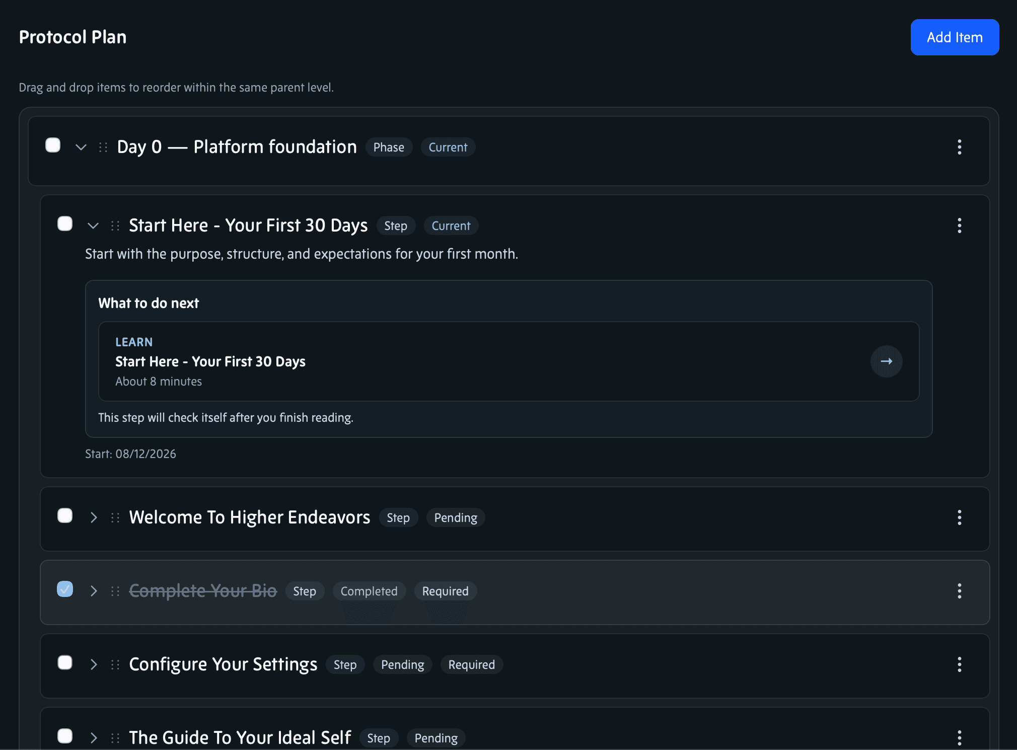 The New Member Onboarding Protocol, showing its phases, the items inside one of them, the Guide reading attached to an item, and a link to the tool where that item is completed.
