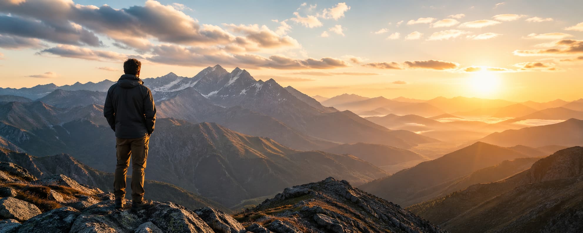 A person looking across a mountain range at sunrise